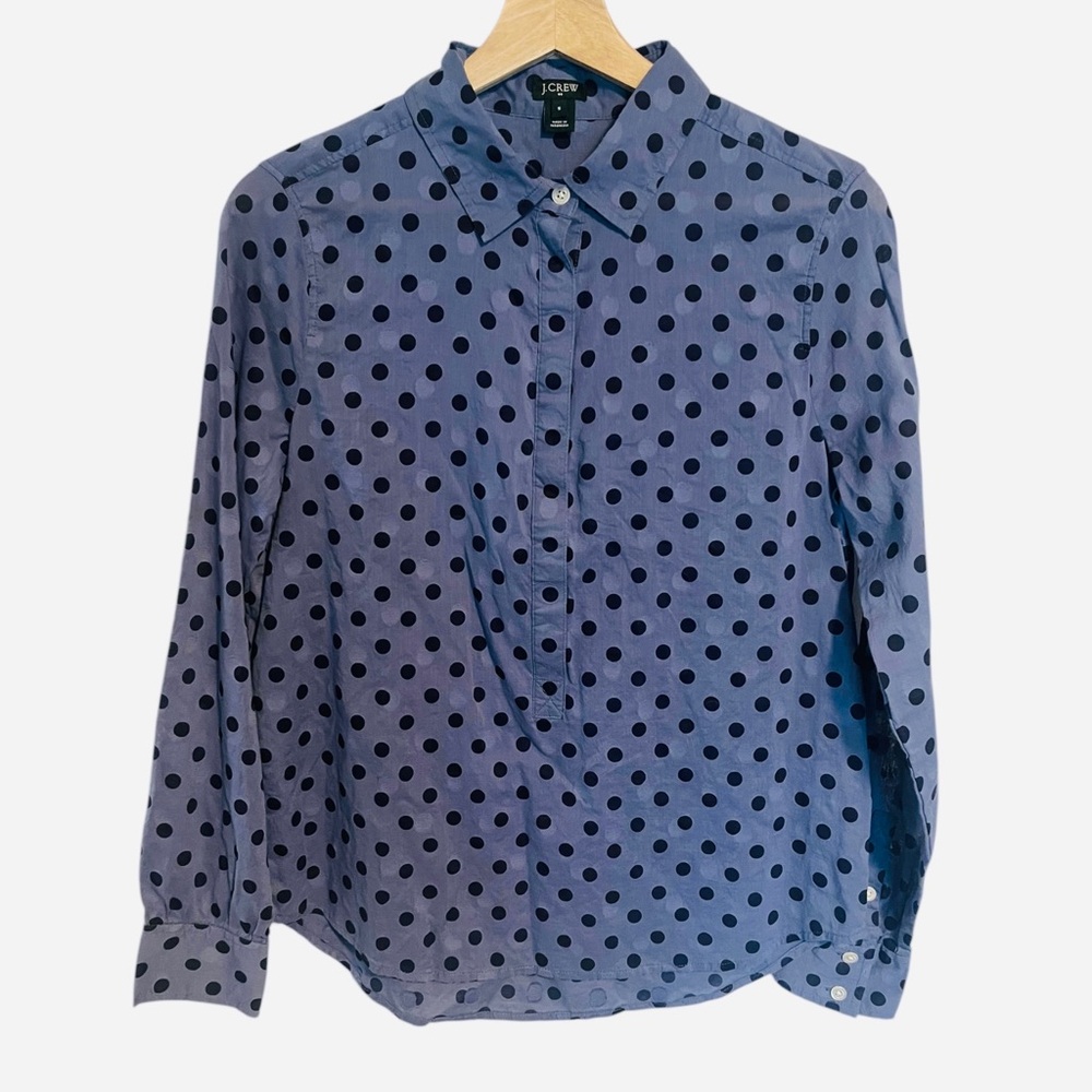J. Crew Blue Navy Jacquard Polka Dot Popover Button Blouse Women's Size Small